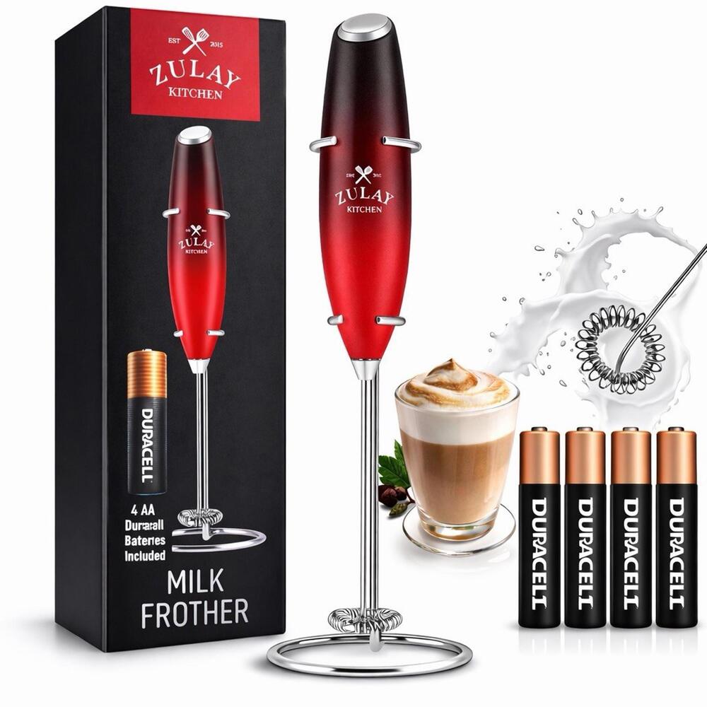 Zulay Kitchen Milk Frother Red Handheld Electric Foam Maker w Stand New Sealed